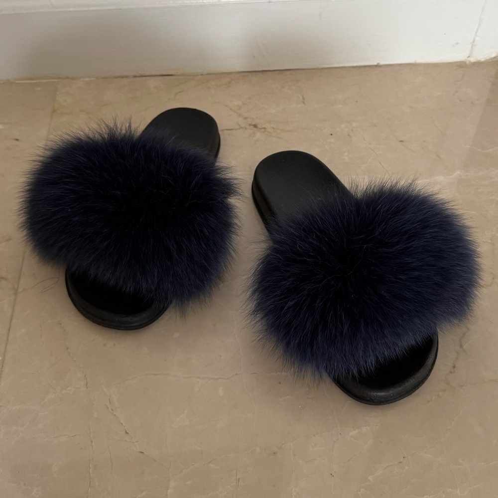 Mink Blue Fur Slides